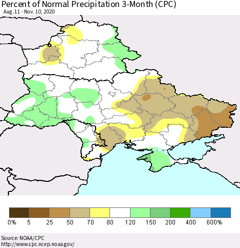 Ukraine, Moldova and Belarus Percent of Normal Precipitation 3-Month (CPC) Thematic Map For 8/11/2020 - 11/10/2020