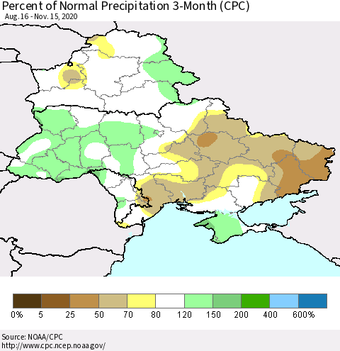 Ukraine, Moldova and Belarus Percent of Normal Precipitation 3-Month (CPC) Thematic Map For 8/16/2020 - 11/15/2020