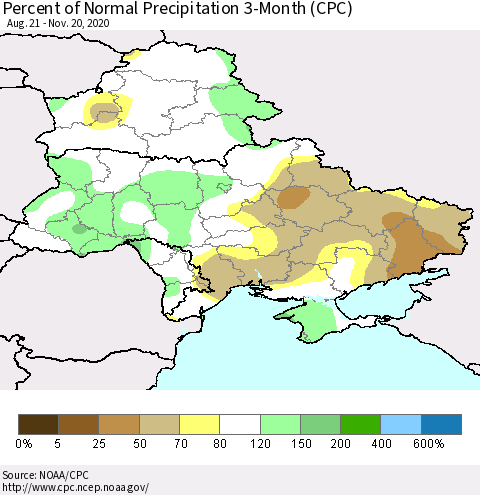 Ukraine, Moldova and Belarus Percent of Normal Precipitation 3-Month (CPC) Thematic Map For 8/21/2020 - 11/20/2020
