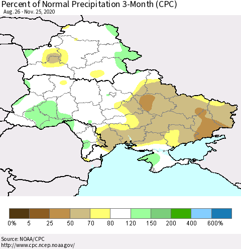 Ukraine, Moldova and Belarus Percent of Normal Precipitation 3-Month (CPC) Thematic Map For 8/26/2020 - 11/25/2020