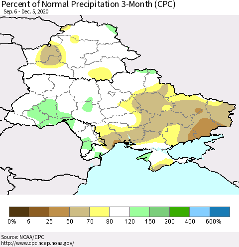 Ukraine, Moldova and Belarus Percent of Normal Precipitation 3-Month (CPC) Thematic Map For 9/6/2020 - 12/5/2020
