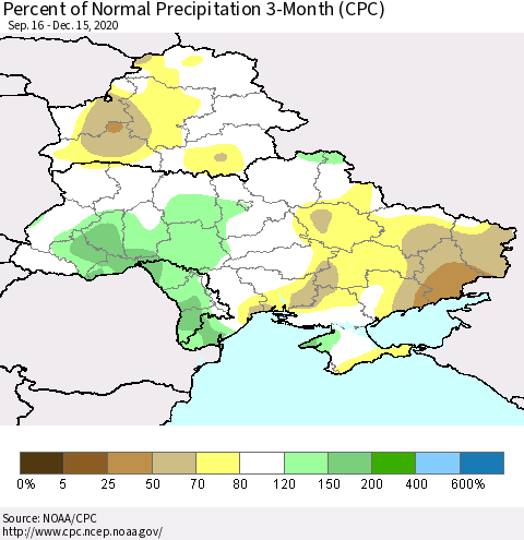 Ukraine, Moldova and Belarus Percent of Normal Precipitation 3-Month (CPC) Thematic Map For 9/16/2020 - 12/15/2020