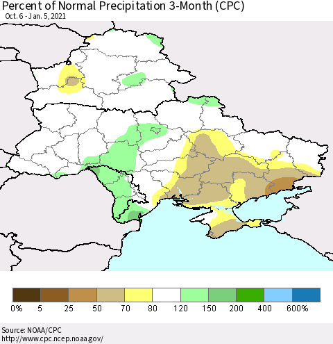 Ukraine, Moldova and Belarus Percent of Normal Precipitation 3-Month (CPC) Thematic Map For 10/6/2020 - 1/5/2021
