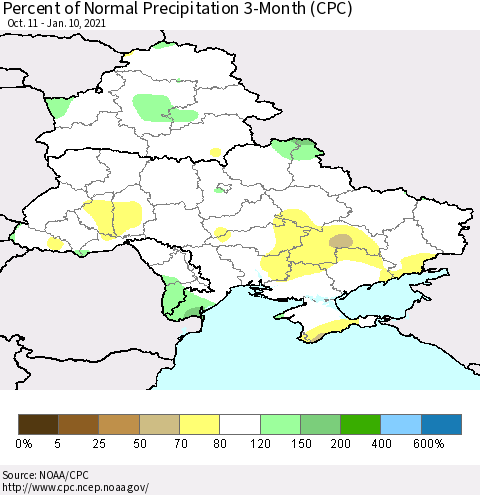 Ukraine, Moldova and Belarus Percent of Normal Precipitation 3-Month (CPC) Thematic Map For 10/11/2020 - 1/10/2021