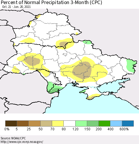 Ukraine, Moldova and Belarus Percent of Normal Precipitation 3-Month (CPC) Thematic Map For 10/21/2020 - 1/20/2021