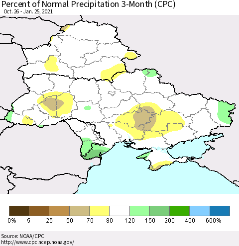 Ukraine, Moldova and Belarus Percent of Normal Precipitation 3-Month (CPC) Thematic Map For 10/26/2020 - 1/25/2021