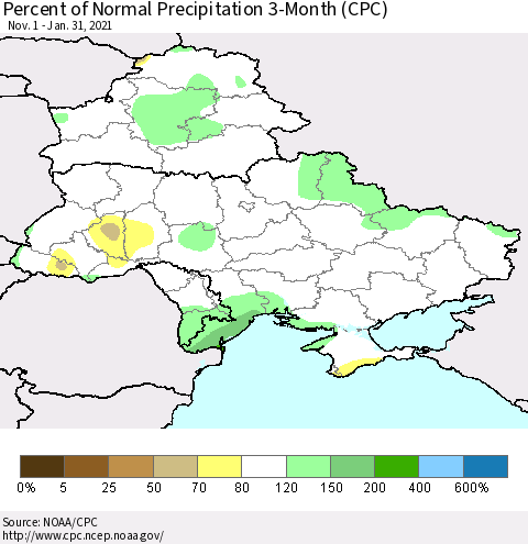 Ukraine, Moldova and Belarus Percent of Normal Precipitation 3-Month (CPC) Thematic Map For 11/1/2020 - 1/31/2021