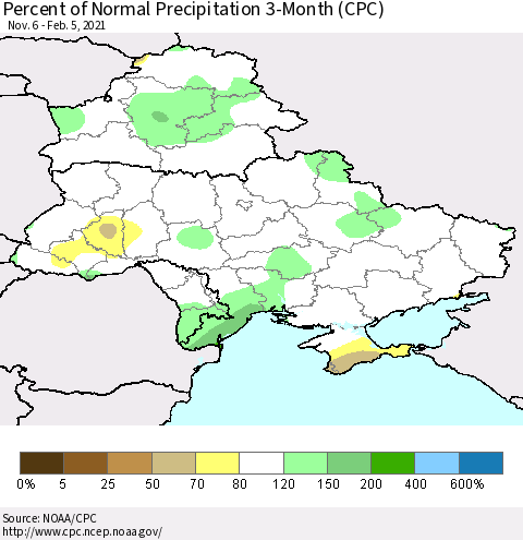 Ukraine, Moldova and Belarus Percent of Normal Precipitation 3-Month (CPC) Thematic Map For 11/6/2020 - 2/5/2021