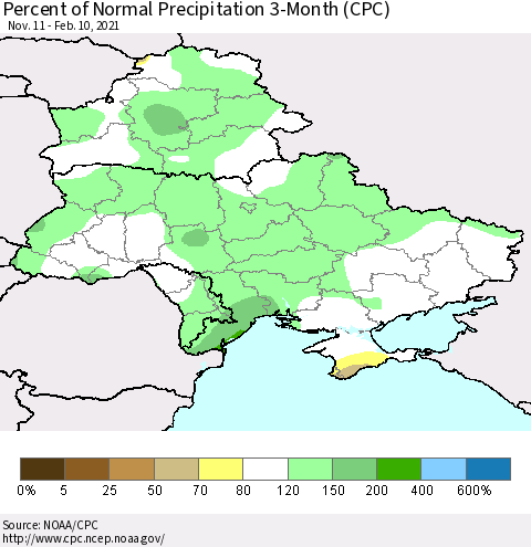 Ukraine, Moldova and Belarus Percent of Normal Precipitation 3-Month (CPC) Thematic Map For 11/11/2020 - 2/10/2021