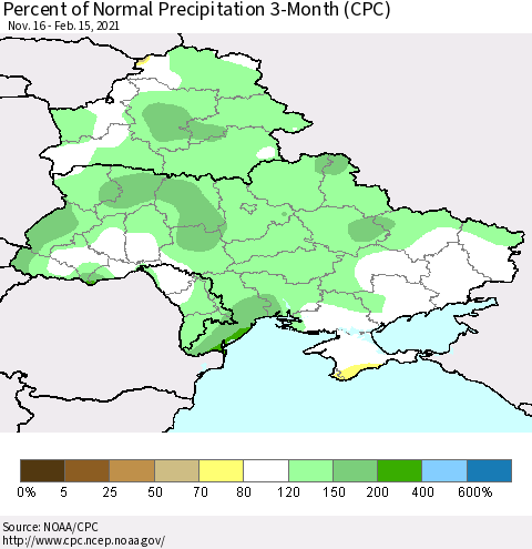 Ukraine, Moldova and Belarus Percent of Normal Precipitation 3-Month (CPC) Thematic Map For 11/16/2020 - 2/15/2021