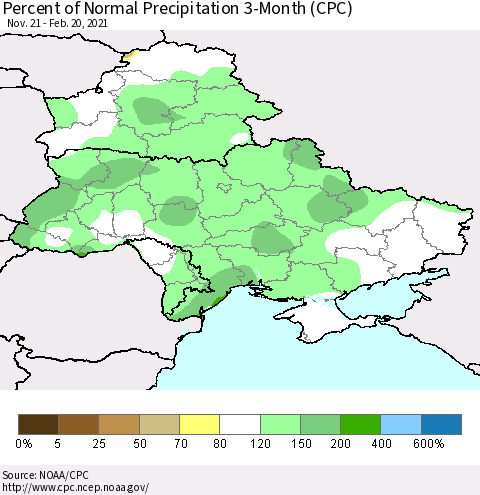 Ukraine, Moldova and Belarus Percent of Normal Precipitation 3-Month (CPC) Thematic Map For 11/21/2020 - 2/20/2021
