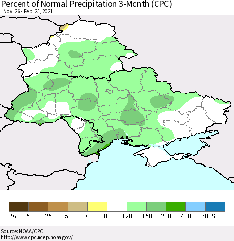 Ukraine, Moldova and Belarus Percent of Normal Precipitation 3-Month (CPC) Thematic Map For 11/26/2020 - 2/25/2021