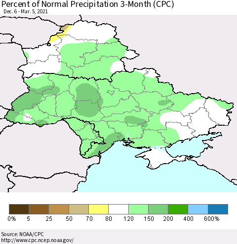 Ukraine, Moldova and Belarus Percent of Normal Precipitation 3-Month (CPC) Thematic Map For 12/6/2020 - 3/5/2021