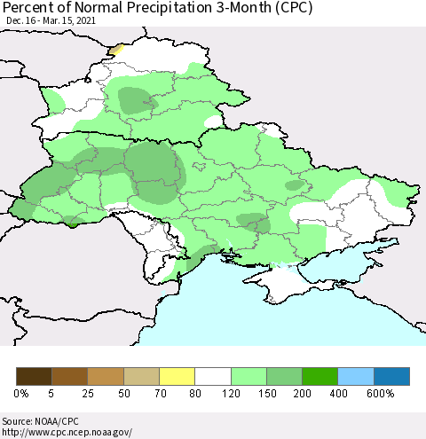 Ukraine, Moldova and Belarus Percent of Normal Precipitation 3-Month (CPC) Thematic Map For 12/16/2020 - 3/15/2021