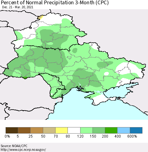 Ukraine, Moldova and Belarus Percent of Normal Precipitation 3-Month (CPC) Thematic Map For 12/21/2020 - 3/20/2021