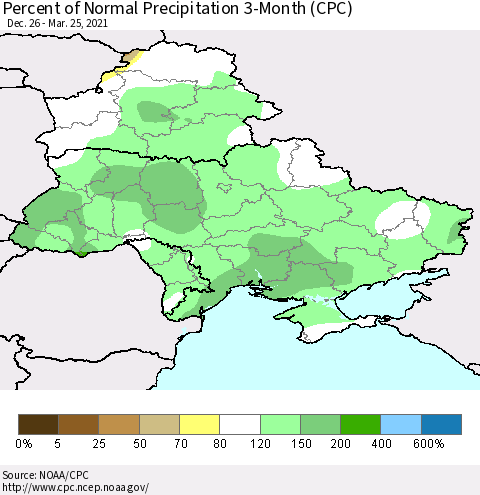 Ukraine, Moldova and Belarus Percent of Normal Precipitation 3-Month (CPC) Thematic Map For 12/26/2020 - 3/25/2021