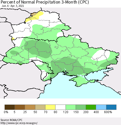 Ukraine, Moldova and Belarus Percent of Normal Precipitation 3-Month (CPC) Thematic Map For 1/6/2021 - 4/5/2021