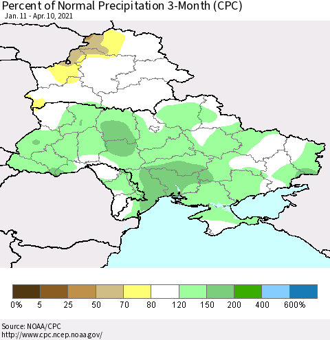 Ukraine, Moldova and Belarus Percent of Normal Precipitation 3-Month (CPC) Thematic Map For 1/11/2021 - 4/10/2021