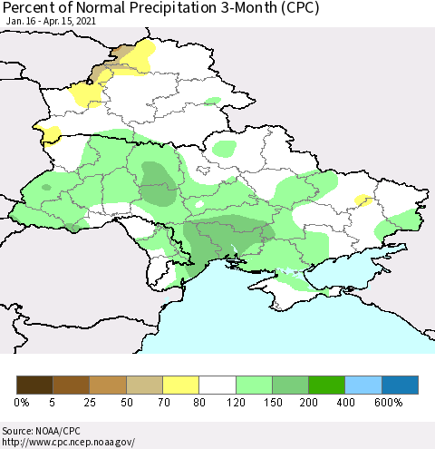Ukraine, Moldova and Belarus Percent of Normal Precipitation 3-Month (CPC) Thematic Map For 1/16/2021 - 4/15/2021