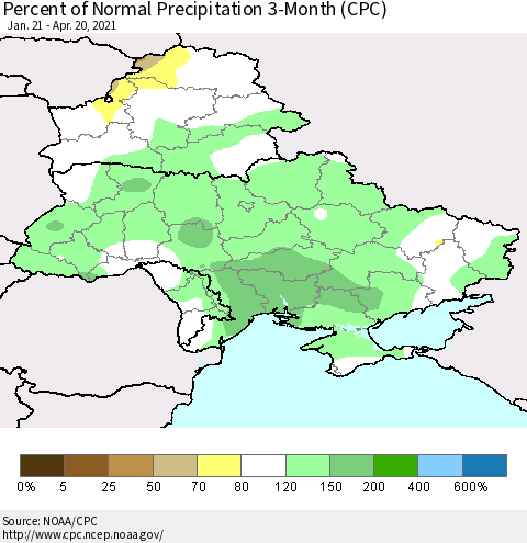 Ukraine, Moldova and Belarus Percent of Normal Precipitation 3-Month (CPC) Thematic Map For 1/21/2021 - 4/20/2021