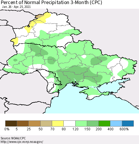 Ukraine, Moldova and Belarus Percent of Normal Precipitation 3-Month (CPC) Thematic Map For 1/26/2021 - 4/25/2021