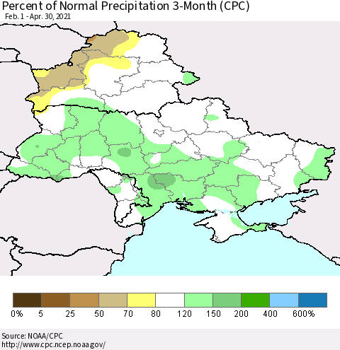 Ukraine, Moldova and Belarus Percent of Normal Precipitation 3-Month (CPC) Thematic Map For 2/1/2021 - 4/30/2021