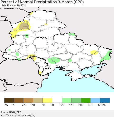 Ukraine, Moldova and Belarus Percent of Normal Precipitation 3-Month (CPC) Thematic Map For 2/11/2021 - 5/10/2021