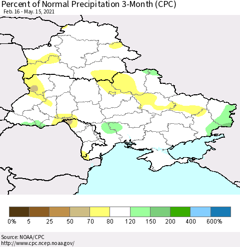 Ukraine, Moldova and Belarus Percent of Normal Precipitation 3-Month (CPC) Thematic Map For 2/16/2021 - 5/15/2021