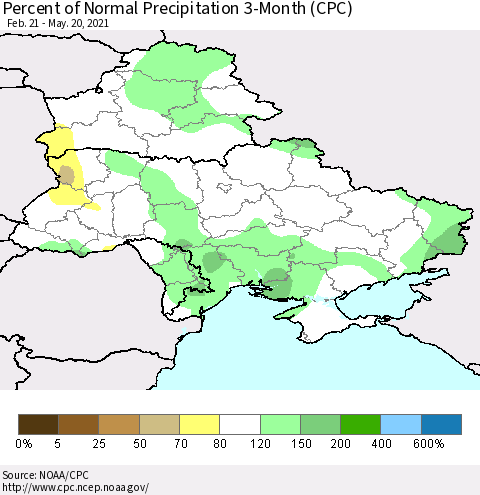 Ukraine, Moldova and Belarus Percent of Normal Precipitation 3-Month (CPC) Thematic Map For 2/21/2021 - 5/20/2021