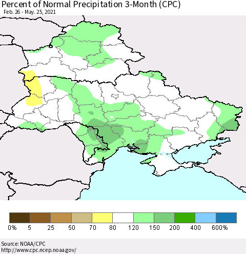Ukraine, Moldova and Belarus Percent of Normal Precipitation 3-Month (CPC) Thematic Map For 2/26/2021 - 5/25/2021