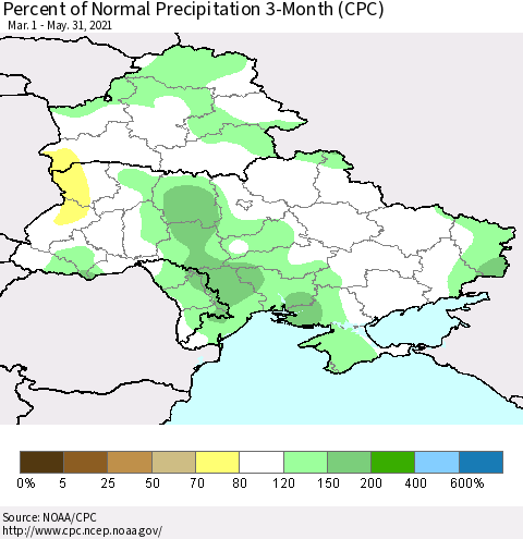 Ukraine, Moldova and Belarus Percent of Normal Precipitation 3-Month (CPC) Thematic Map For 3/1/2021 - 5/31/2021