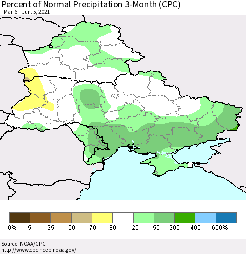 Ukraine, Moldova and Belarus Percent of Normal Precipitation 3-Month (CPC) Thematic Map For 3/6/2021 - 6/5/2021