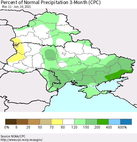 Ukraine, Moldova and Belarus Percent of Normal Precipitation 3-Month (CPC) Thematic Map For 3/11/2021 - 6/10/2021