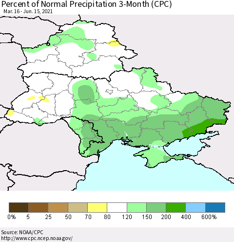 Ukraine, Moldova and Belarus Percent of Normal Precipitation 3-Month (CPC) Thematic Map For 3/16/2021 - 6/15/2021