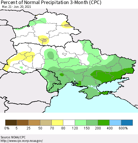 Ukraine, Moldova and Belarus Percent of Normal Precipitation 3-Month (CPC) Thematic Map For 3/21/2021 - 6/20/2021