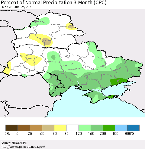 Ukraine, Moldova and Belarus Percent of Normal Precipitation 3-Month (CPC) Thematic Map For 3/26/2021 - 6/25/2021