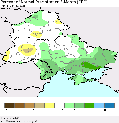 Ukraine, Moldova and Belarus Percent of Normal Precipitation 3-Month (CPC) Thematic Map For 4/1/2021 - 6/30/2021