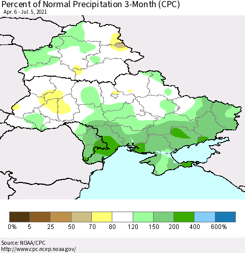 Ukraine, Moldova and Belarus Percent of Normal Precipitation 3-Month (CPC) Thematic Map For 4/6/2021 - 7/5/2021