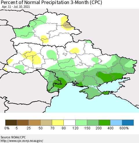 Ukraine, Moldova and Belarus Percent of Normal Precipitation 3-Month (CPC) Thematic Map For 4/11/2021 - 7/10/2021