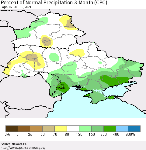 Ukraine, Moldova and Belarus Percent of Normal Precipitation 3-Month (CPC) Thematic Map For 4/16/2021 - 7/15/2021