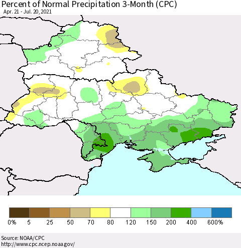 Ukraine, Moldova and Belarus Percent of Normal Precipitation 3-Month (CPC) Thematic Map For 4/21/2021 - 7/20/2021