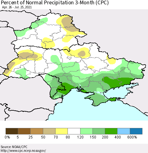 Ukraine, Moldova and Belarus Percent of Normal Precipitation 3-Month (CPC) Thematic Map For 4/26/2021 - 7/25/2021