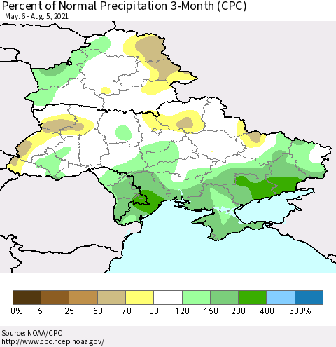 Ukraine, Moldova and Belarus Percent of Normal Precipitation 3-Month (CPC) Thematic Map For 5/6/2021 - 8/5/2021