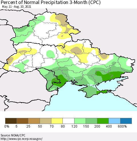 Ukraine, Moldova and Belarus Percent of Normal Precipitation 3-Month (CPC) Thematic Map For 5/11/2021 - 8/10/2021