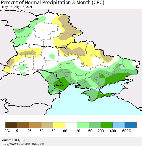 Ukraine, Moldova and Belarus Percent of Normal Precipitation 3-Month (CPC) Thematic Map For 5/16/2021 - 8/15/2021