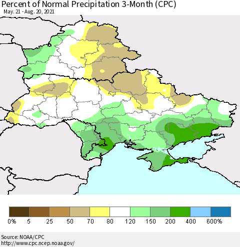 Ukraine, Moldova and Belarus Percent of Normal Precipitation 3-Month (CPC) Thematic Map For 5/21/2021 - 8/20/2021
