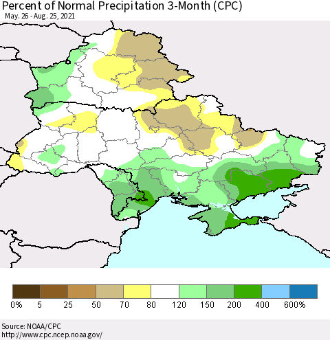 Ukraine, Moldova and Belarus Percent of Normal Precipitation 3-Month (CPC) Thematic Map For 5/26/2021 - 8/25/2021
