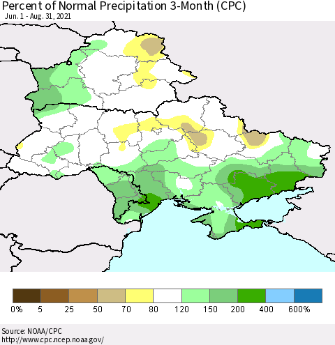 Ukraine, Moldova and Belarus Percent of Normal Precipitation 3-Month (CPC) Thematic Map For 6/1/2021 - 8/31/2021