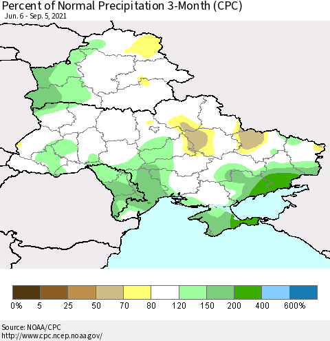 Ukraine, Moldova and Belarus Percent of Normal Precipitation 3-Month (CPC) Thematic Map For 6/6/2021 - 9/5/2021