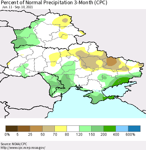 Ukraine, Moldova and Belarus Percent of Normal Precipitation 3-Month (CPC) Thematic Map For 6/11/2021 - 9/10/2021